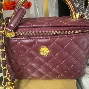 Quilted Small Burgundy Vanity Case Bag with Gold Accents